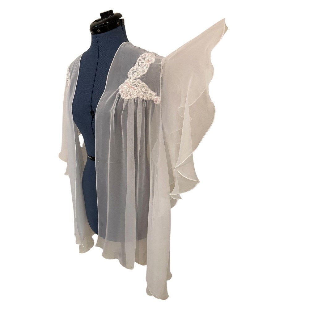 Vintage Enticements Sheer White Chiffon Robe Lace Pearl Ruffle Sleeve Peignoir M - Picture 4 of 16